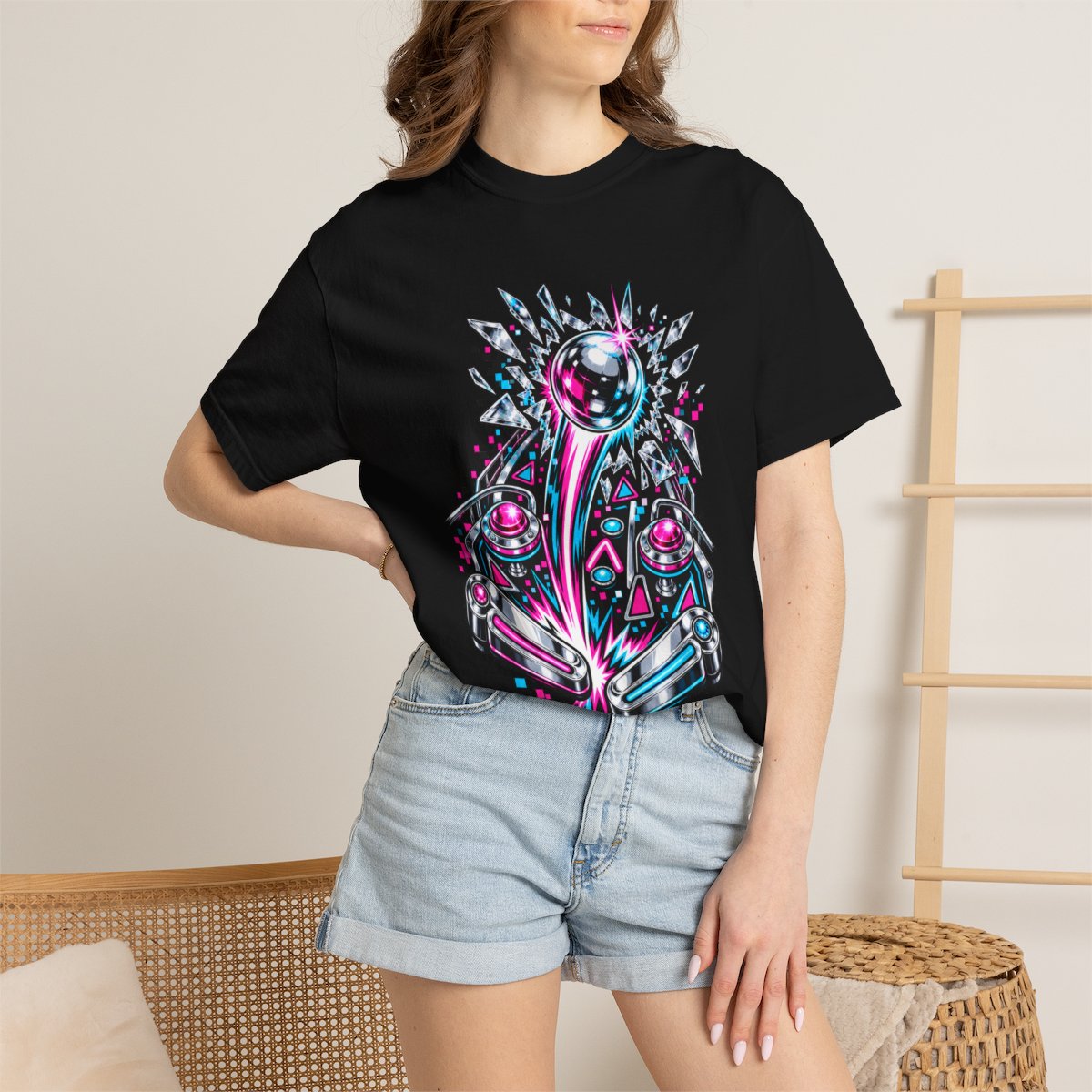 Pinball Strike Tee worn Printify context view on a Black Comfort Colors 1717 tee