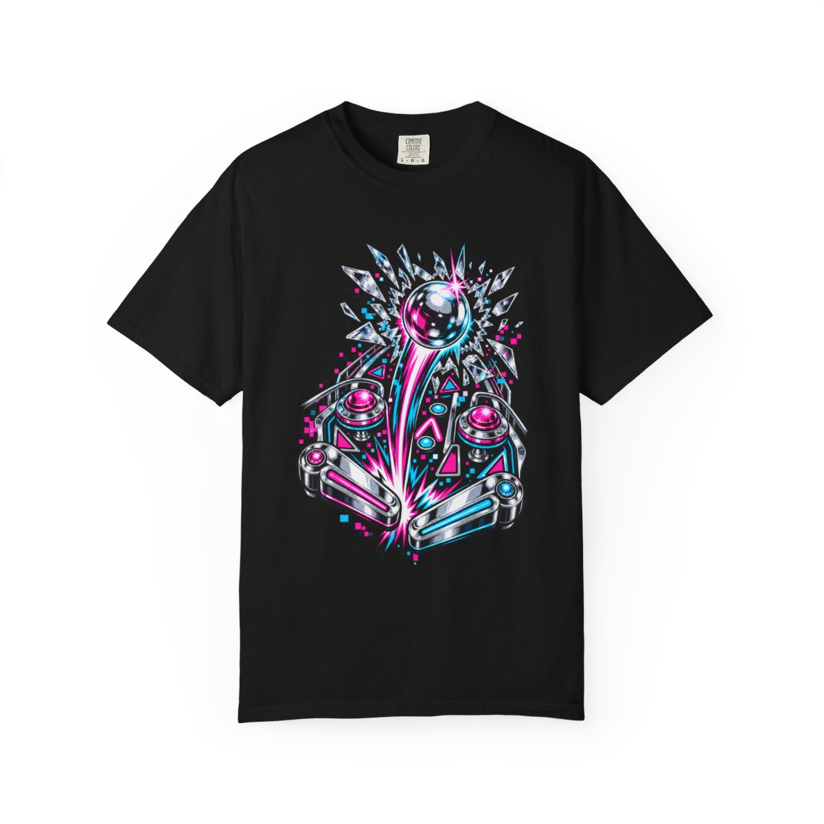 Pinball Strike Tee large front print on a Black Comfort Colors 1717 tee