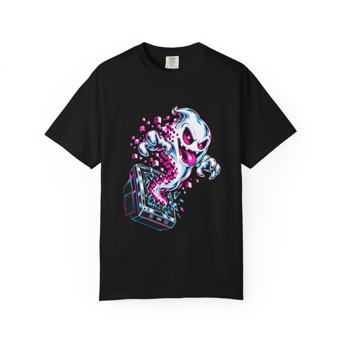 Pixel Ghost Tee large front print on a Black Comfort Colors 1717 tee