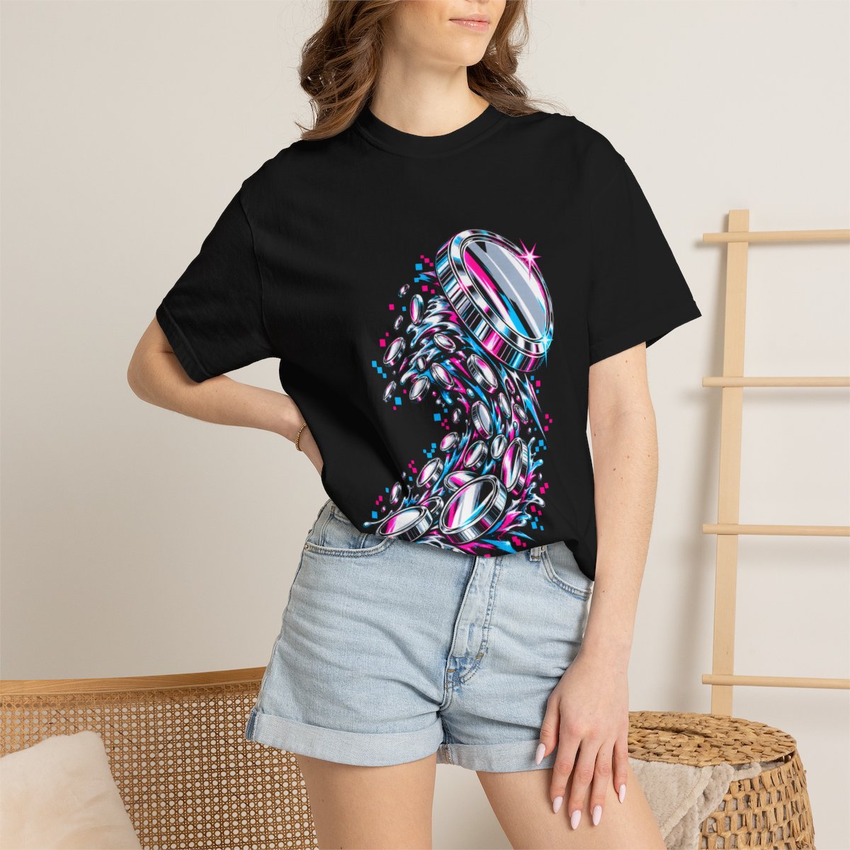 Token Wave Tee worn Printify context view on a Black Comfort Colors 1717 tee