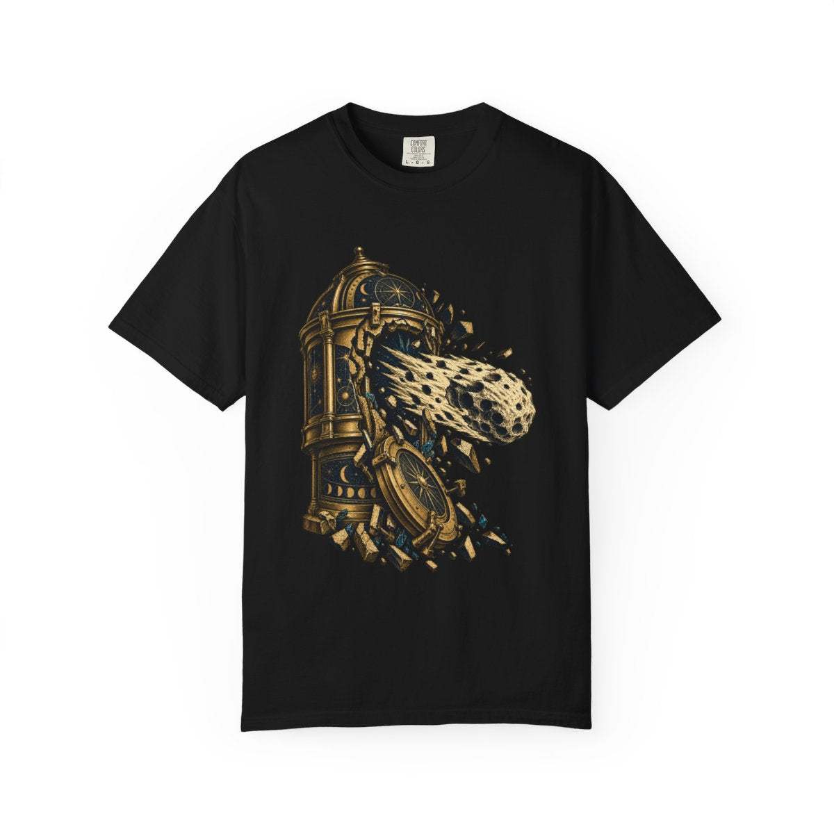 Meteor Vault Tee large front print on a Black Comfort Colors 1717 tee