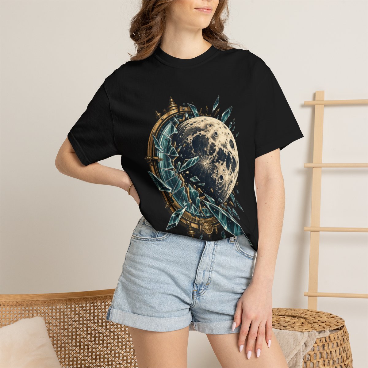 Moon Through Glass Tee worn Printify context view on a Black Comfort Colors 1717 tee