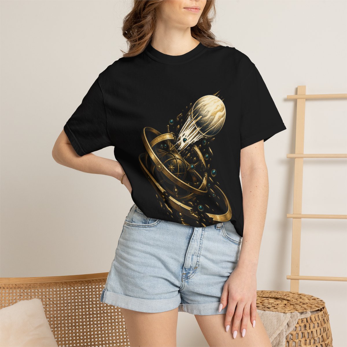 Orbit Escape Tee worn Printify context view on a Black Comfort Colors 1717 tee