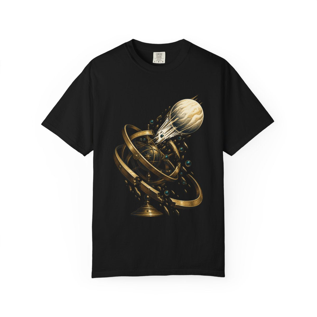 Orbit Escape Tee large front print on a Black Comfort Colors 1717 tee