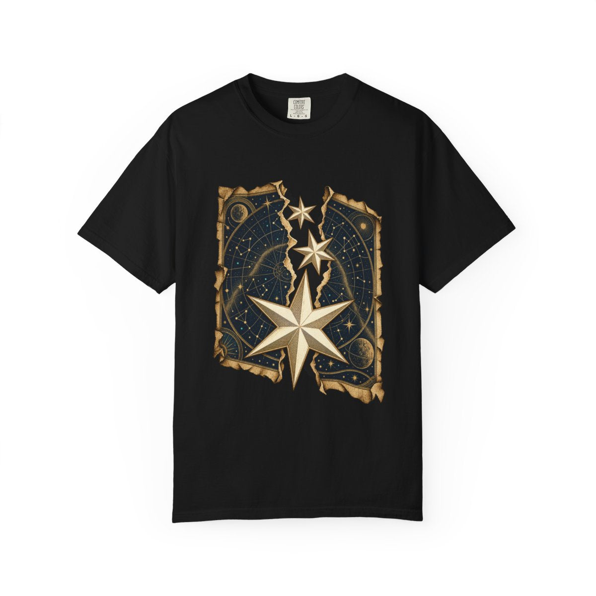 Star Map Tear Tee large front print on a Black Comfort Colors 1717 tee