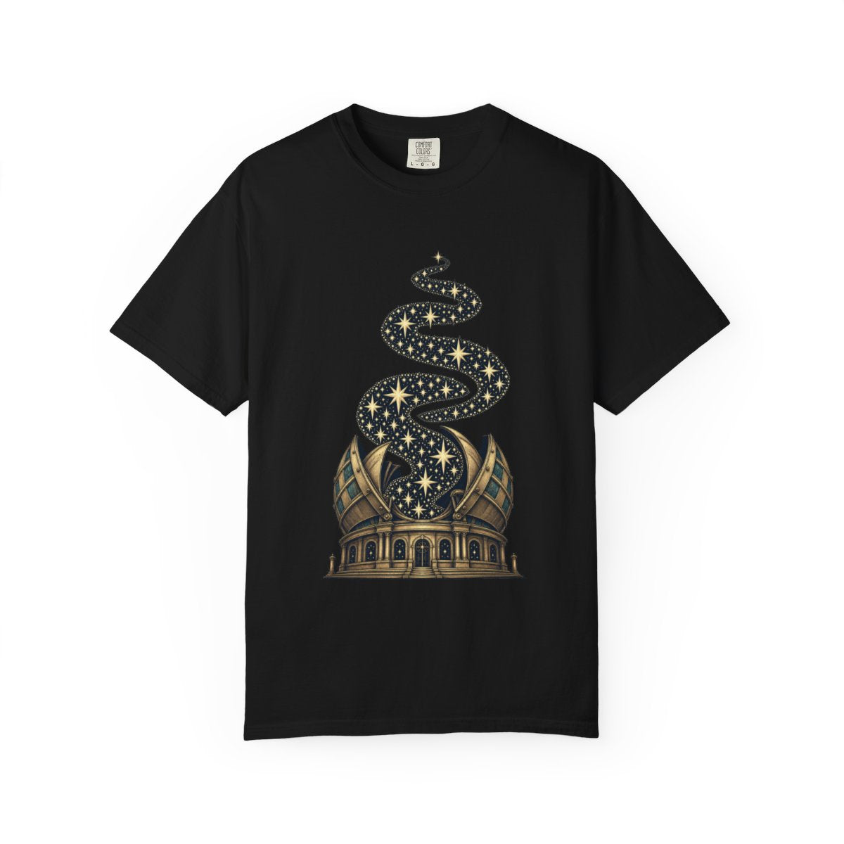 The Sky Unfolds Tee large front print on a Black Comfort Colors 1717 tee