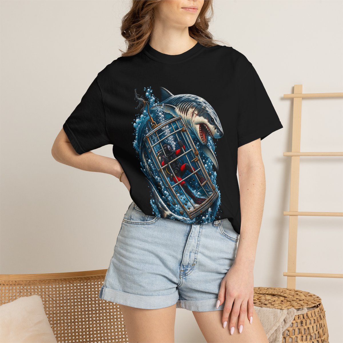 Cage Drop Shark Diver Front Print Tee worn Printify context view on a Black Comfort Colors 1717 tee