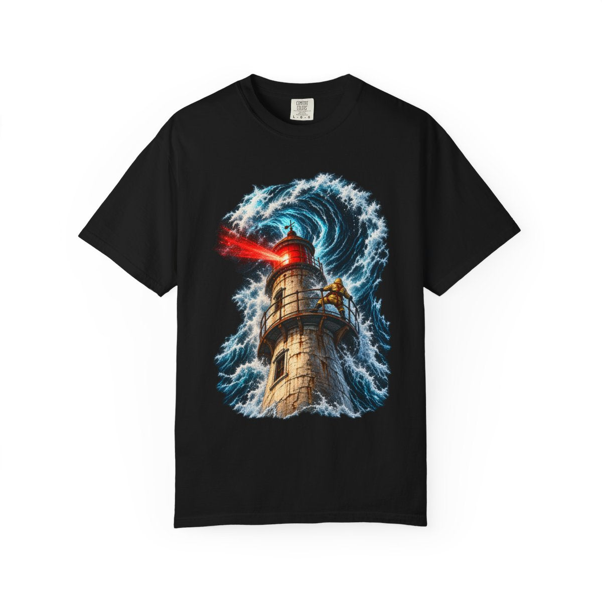 Last Light Standing Lighthouse Storm Front Print Tee large front print on a Black Comfort Colors 1717 tee