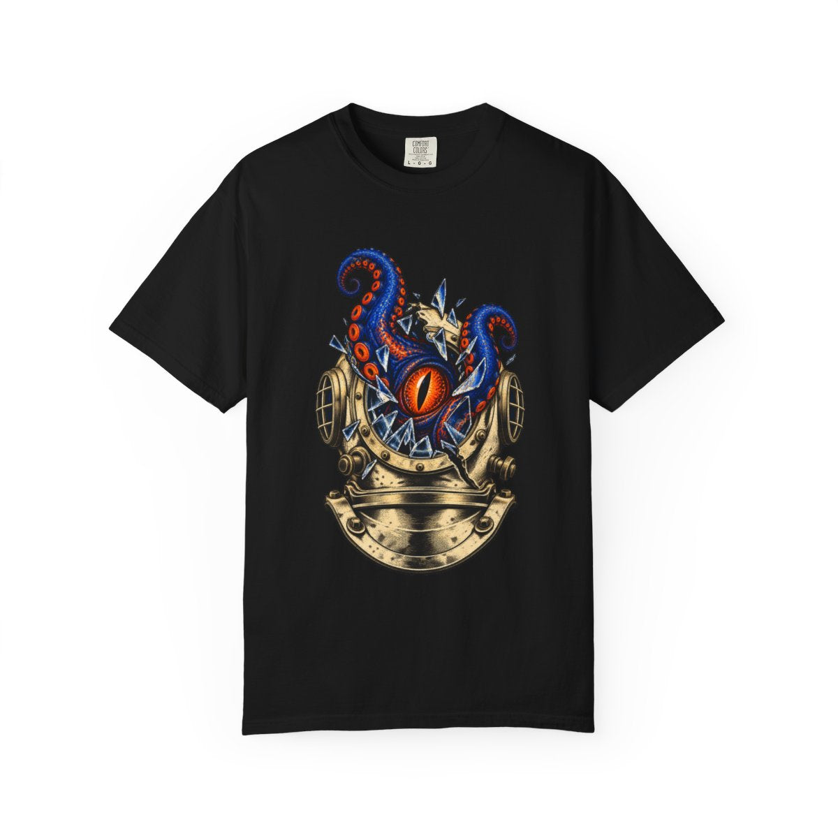 Helm Split Tee large front print on a Black Comfort Colors 1717 tee