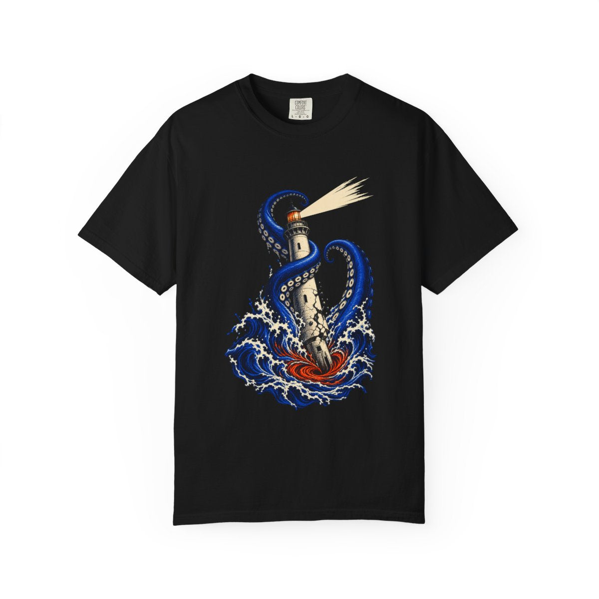 Lighthouse Drag Tee large front print on a Black Comfort Colors 1717 tee