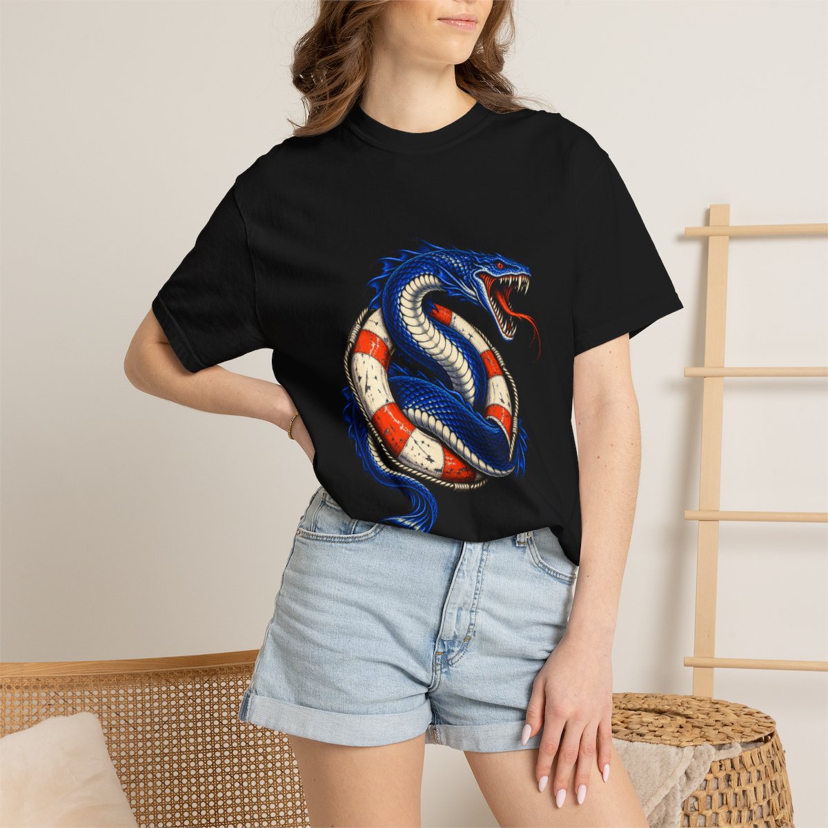 Serpent Ring Tee worn Printify context view on a Black Comfort Colors 1717 tee