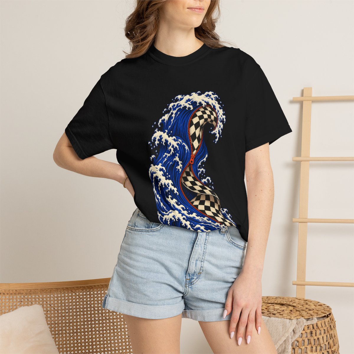 The Sea Unzips Tee worn Printify context view on a Black Comfort Colors 1717 tee