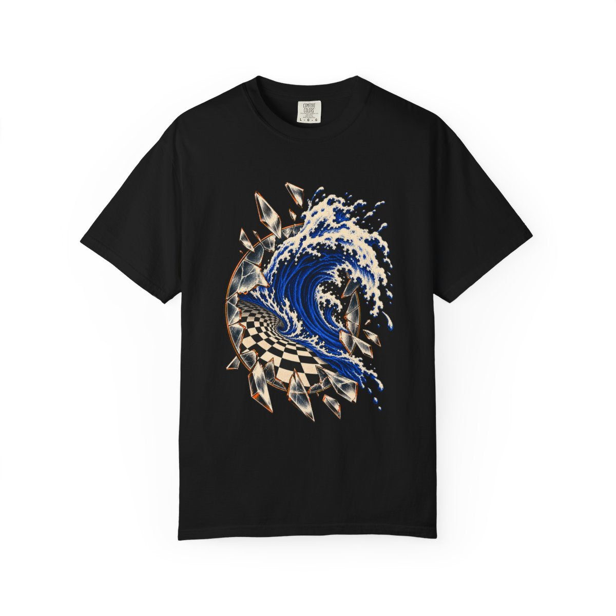 Tide Through Glass Tee large front print on a Black Comfort Colors 1717 tee