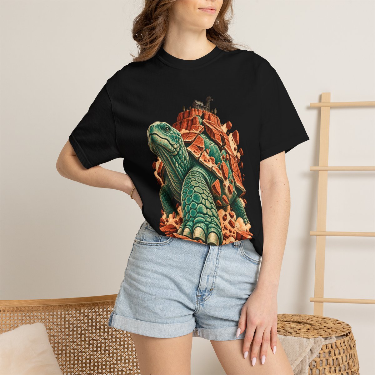 Mesa Tortoise Tee worn Printify context view on a Black Comfort Colors 1717 tee