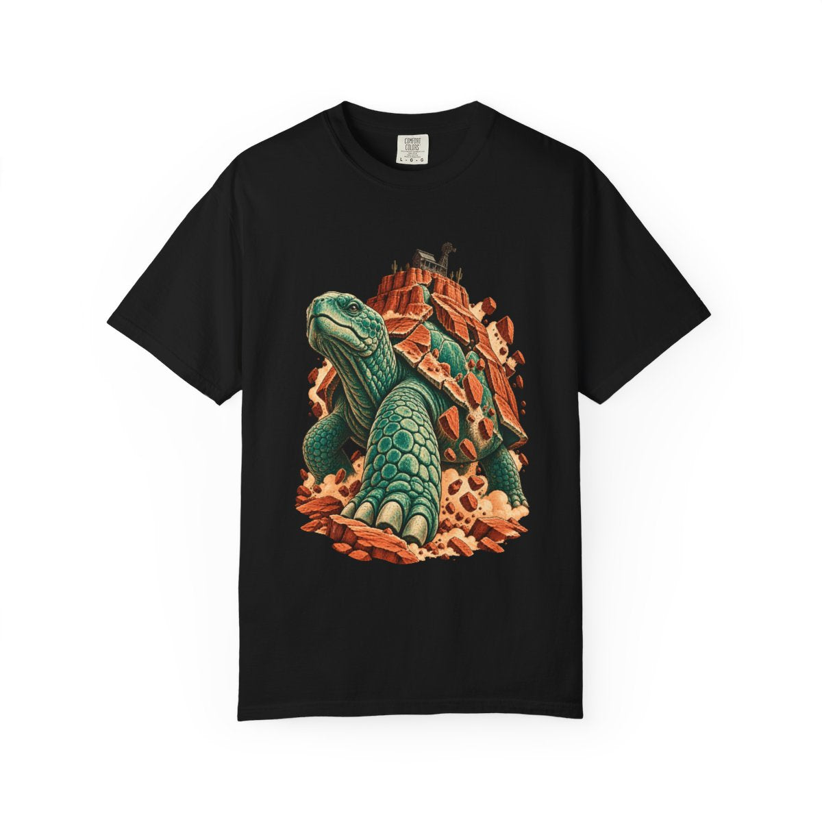 Mesa Tortoise Tee large front print on a Black Comfort Colors 1717 tee