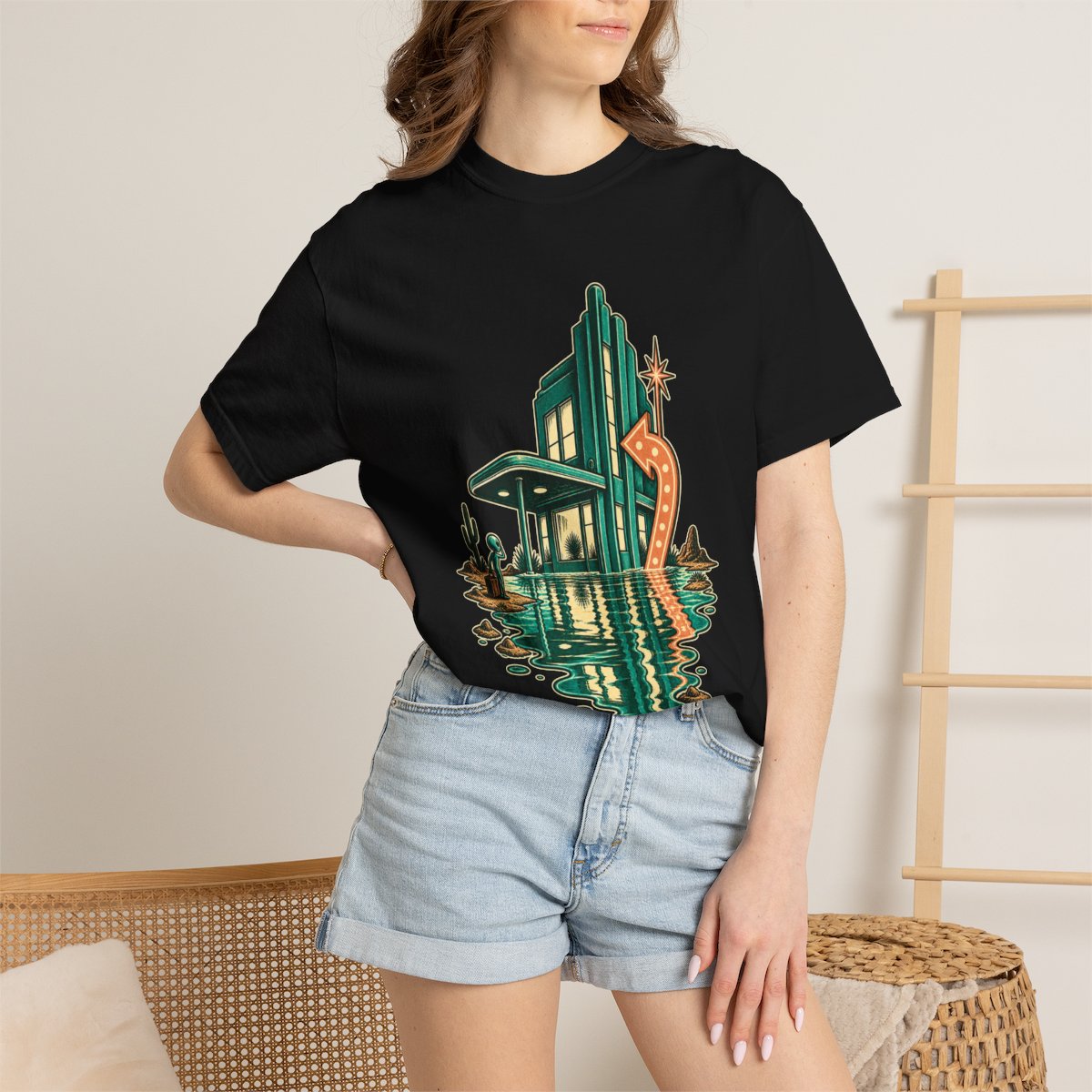 Mirage Motel Tee worn Printify context view on a Black Comfort Colors 1717 tee