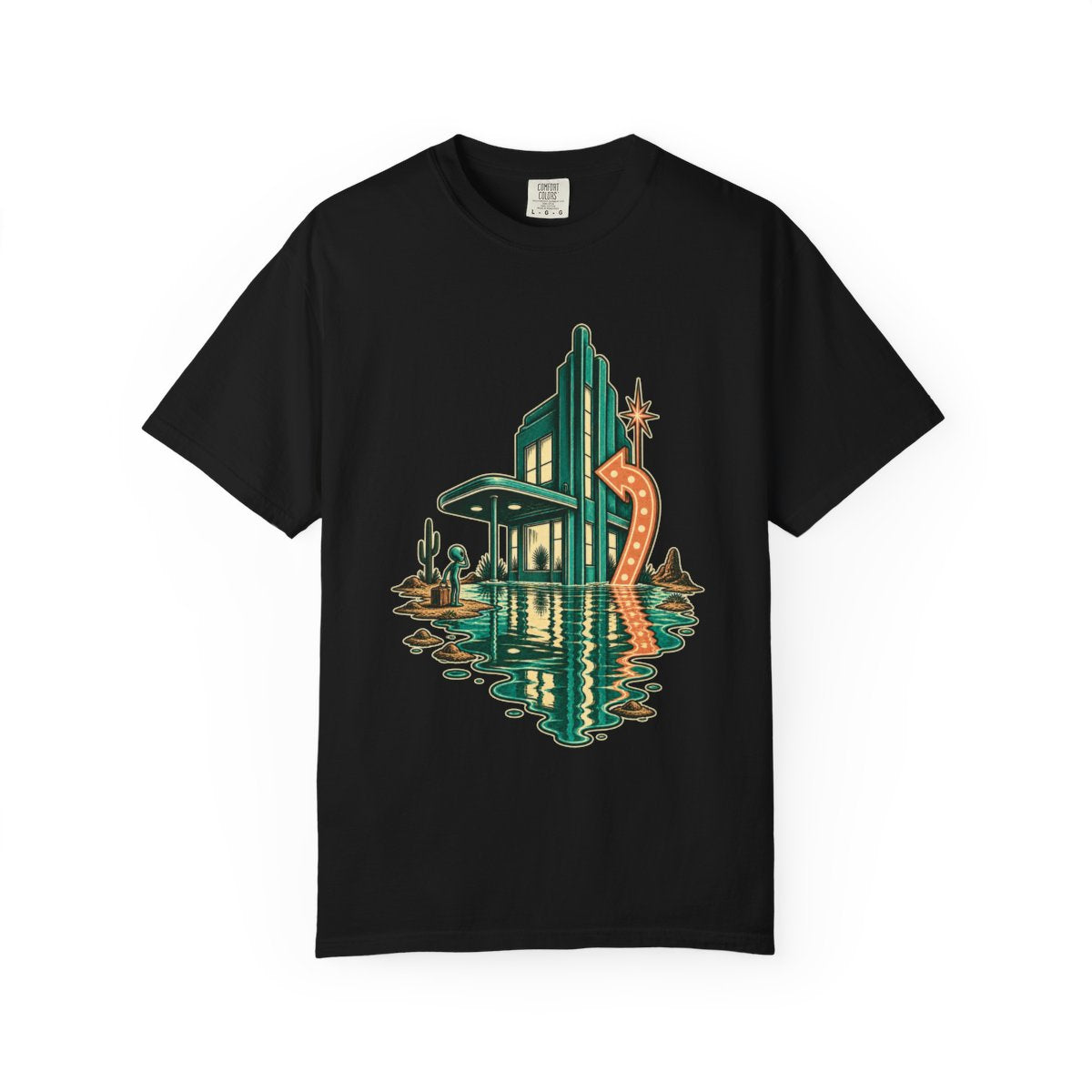 Mirage Motel Tee large front print on a Black Comfort Colors 1717 tee