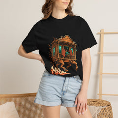 Saloon on Legs Tee worn Printify context view on a Black Comfort Colors 1717 tee