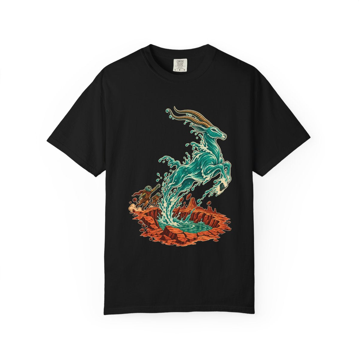 The Oasis Runs Tee large front print on a Black Comfort Colors 1717 tee