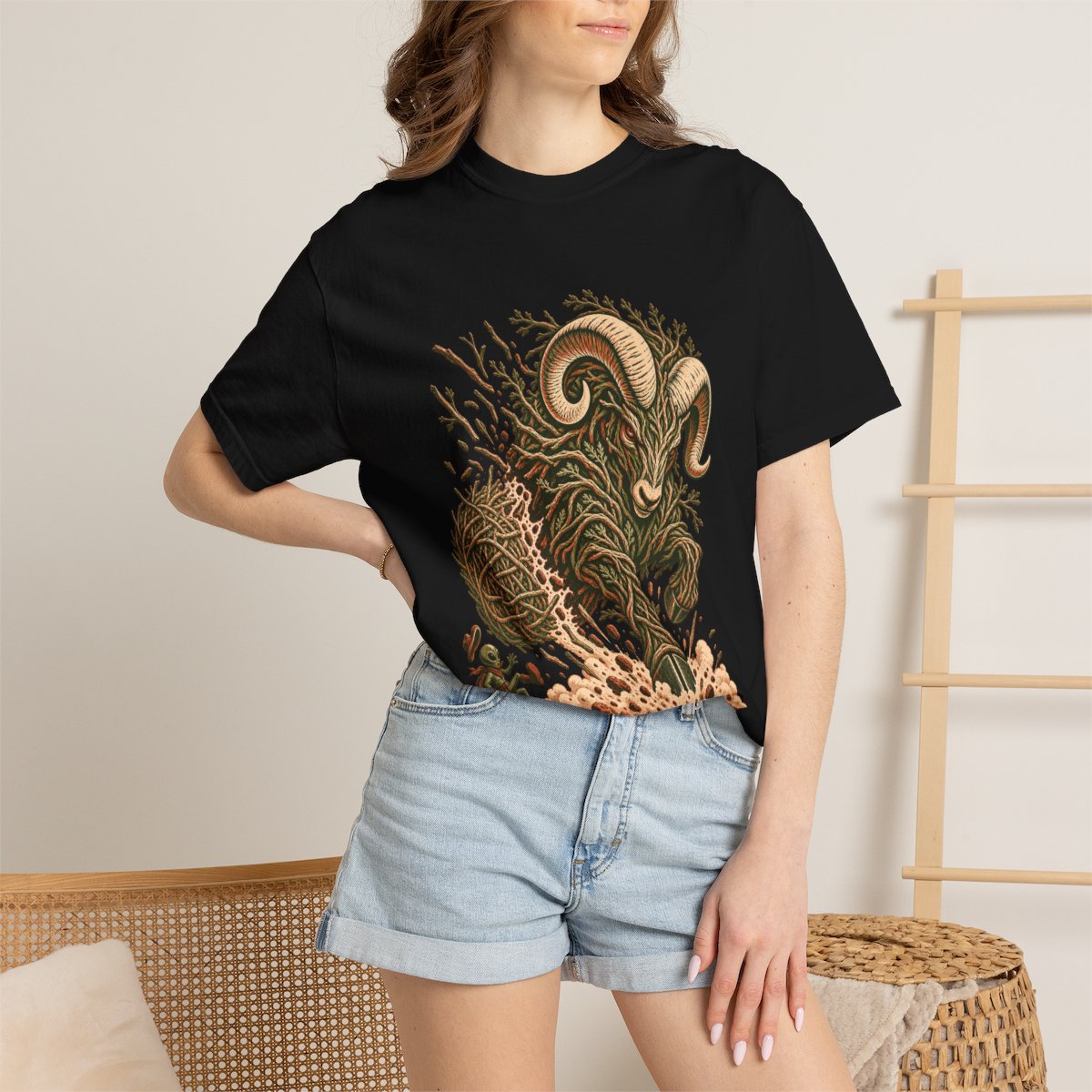 Tumbleweed Rising Tee worn Printify context view on a Black Comfort Colors 1717 tee