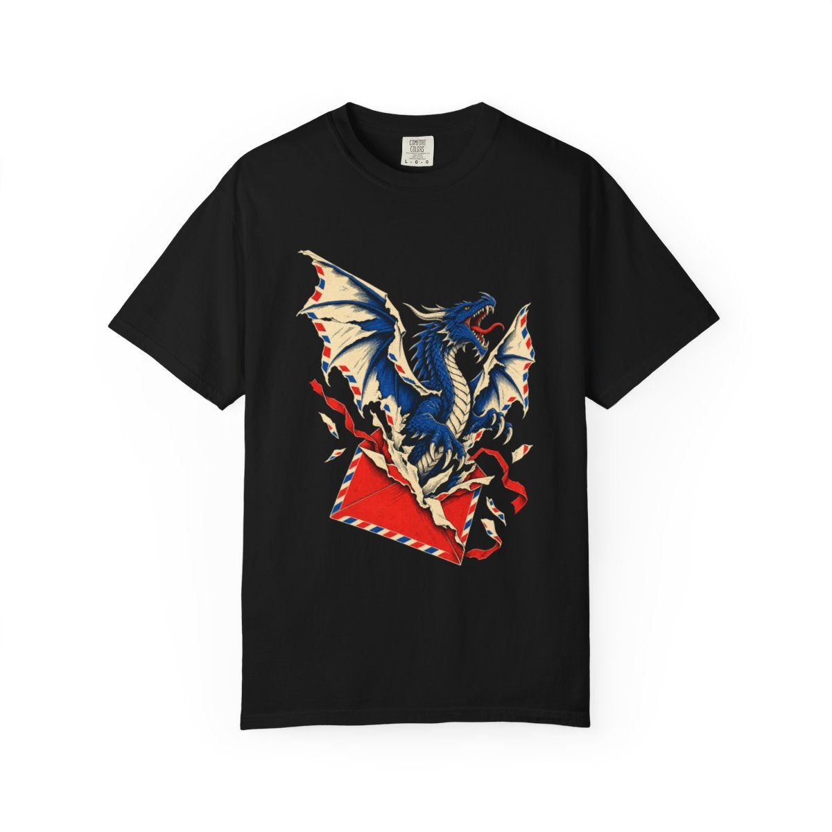 Dragon Letter Tee large front print on a Black Comfort Colors 1717 tee
