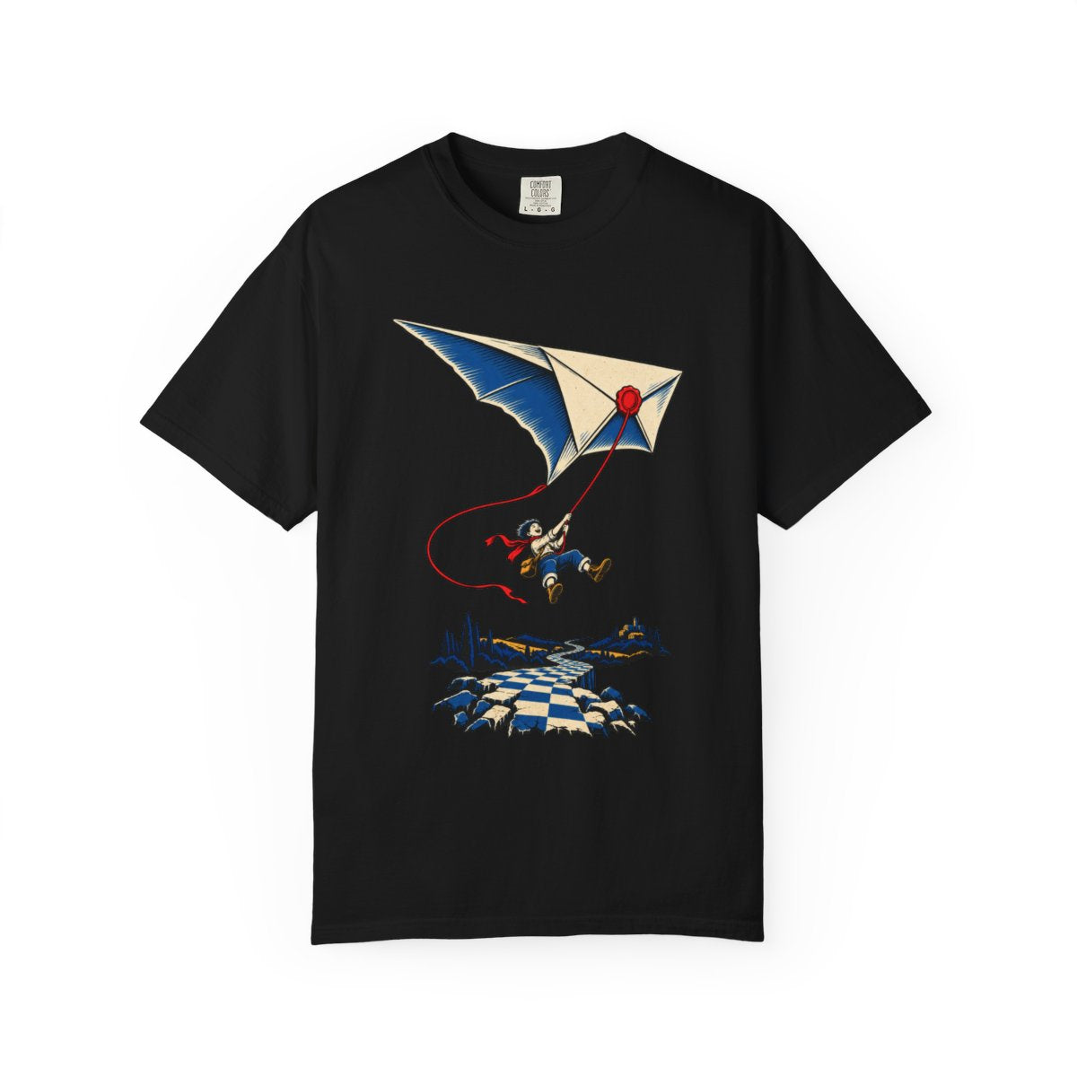 Letter Kite Tee large front print on a Black Comfort Colors 1717 tee