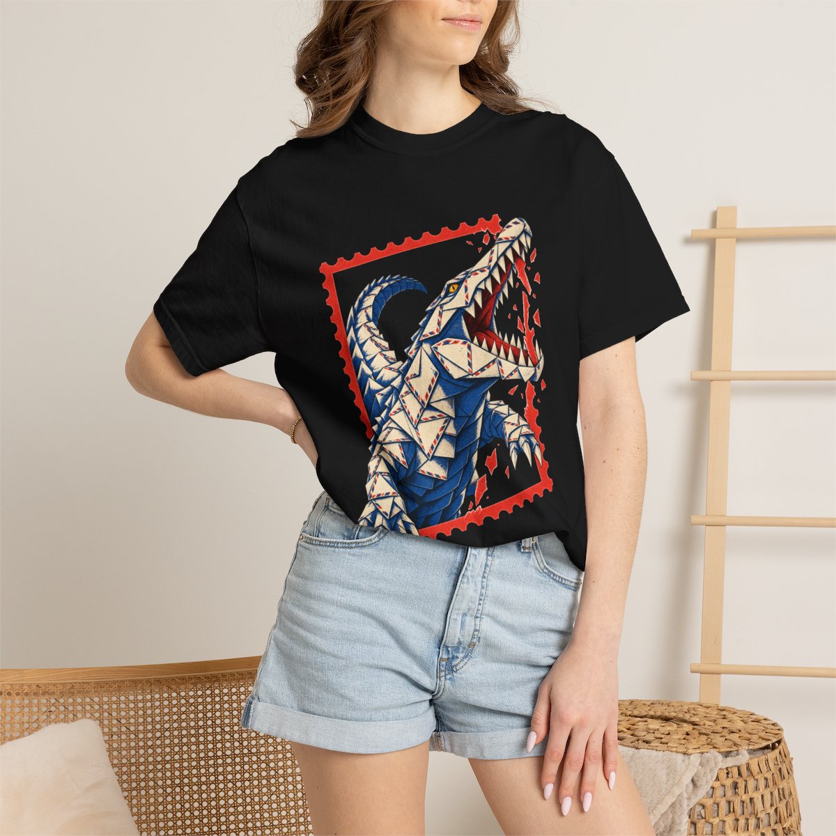 Paper Crocodile Tee worn Printify context view on a Black Comfort Colors 1717 tee
