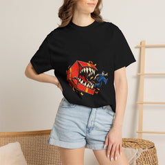 Parcel Bite Tee worn Printify context view on a Black Comfort Colors 1717 tee