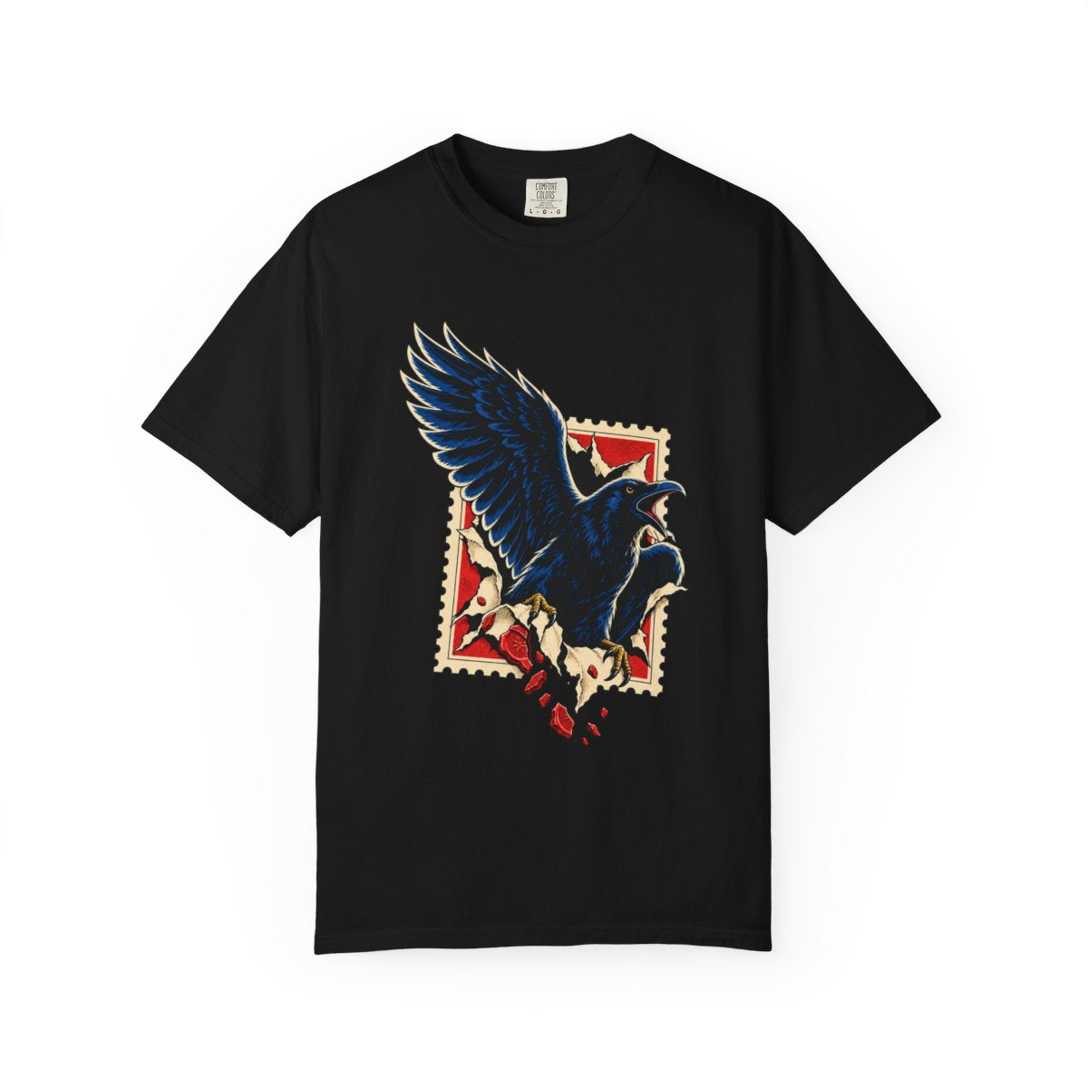 Raven Unsealed Tee large front print on a Black Comfort Colors 1717 tee