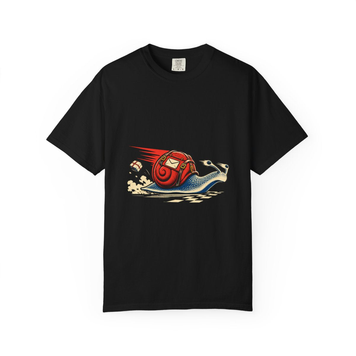Snail Express Tee large front print on a Black Comfort Colors 1717 tee