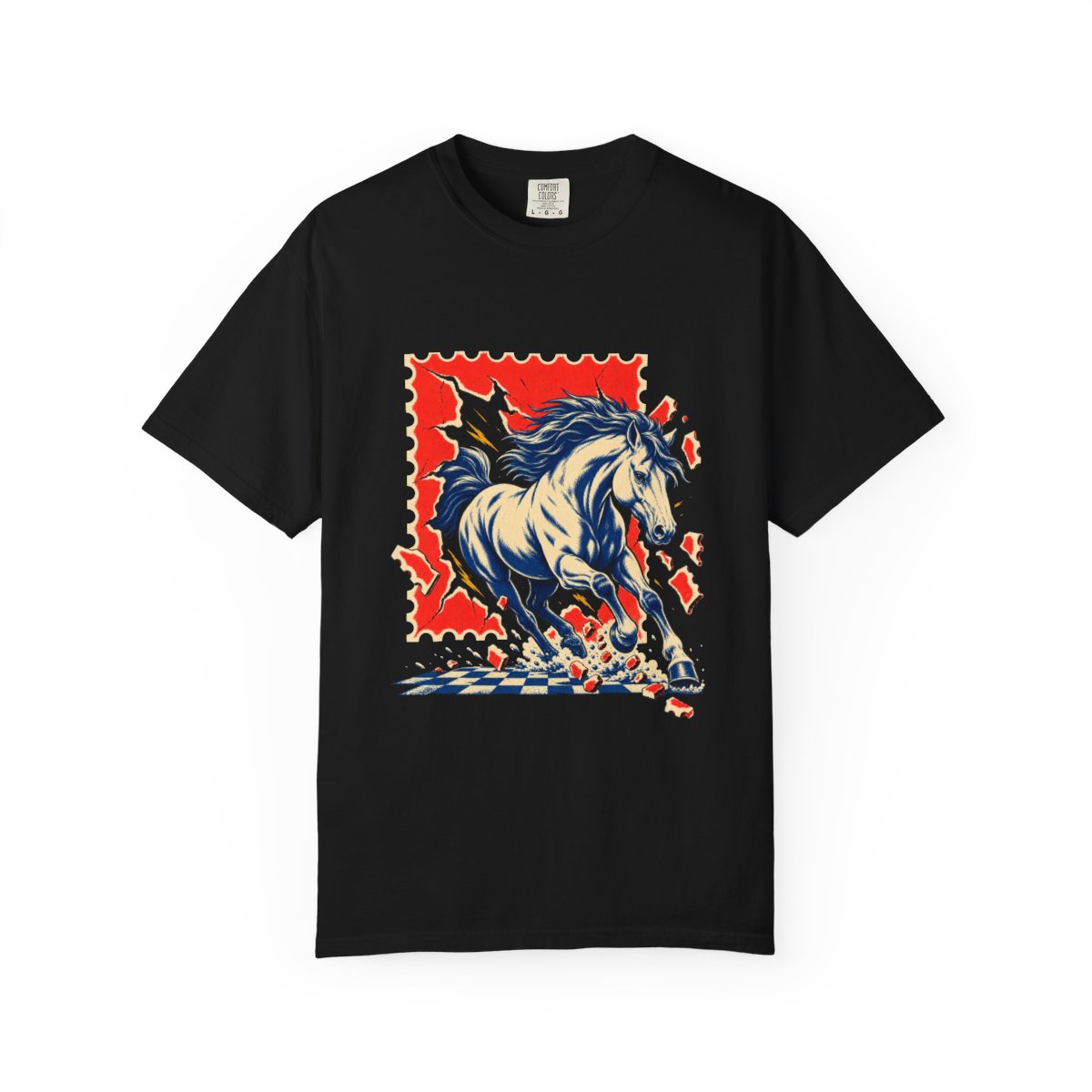 Stampede Tee large front print on a Black Comfort Colors 1717 tee