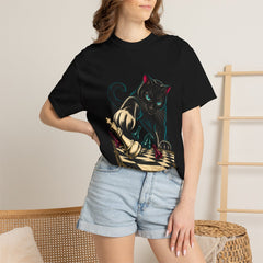 Checkmate Cat Tee worn Printify context view on a Black Comfort Colors 1717 tee
