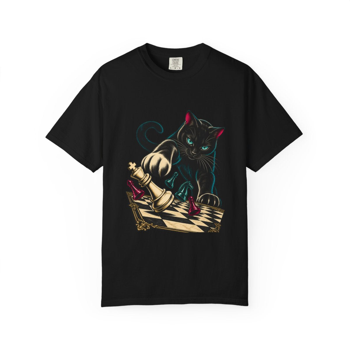Checkmate Cat Tee large front print on a Black Comfort Colors 1717 tee