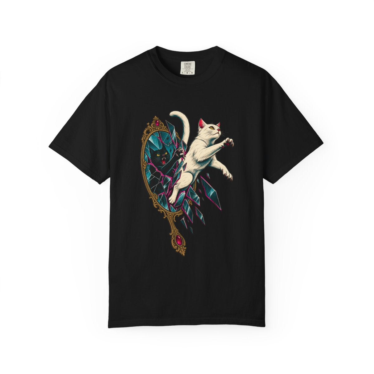 Mirror Escape Tee large front print on a Black Comfort Colors 1717 tee