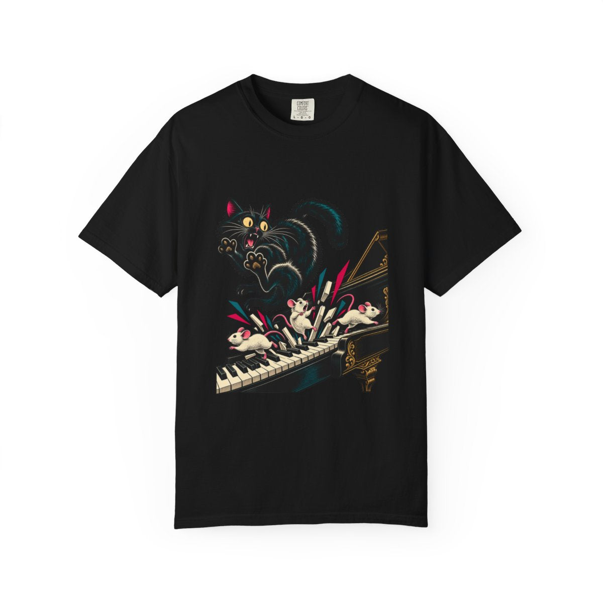 Piano Mice Tee large front print on a Black Comfort Colors 1717 tee