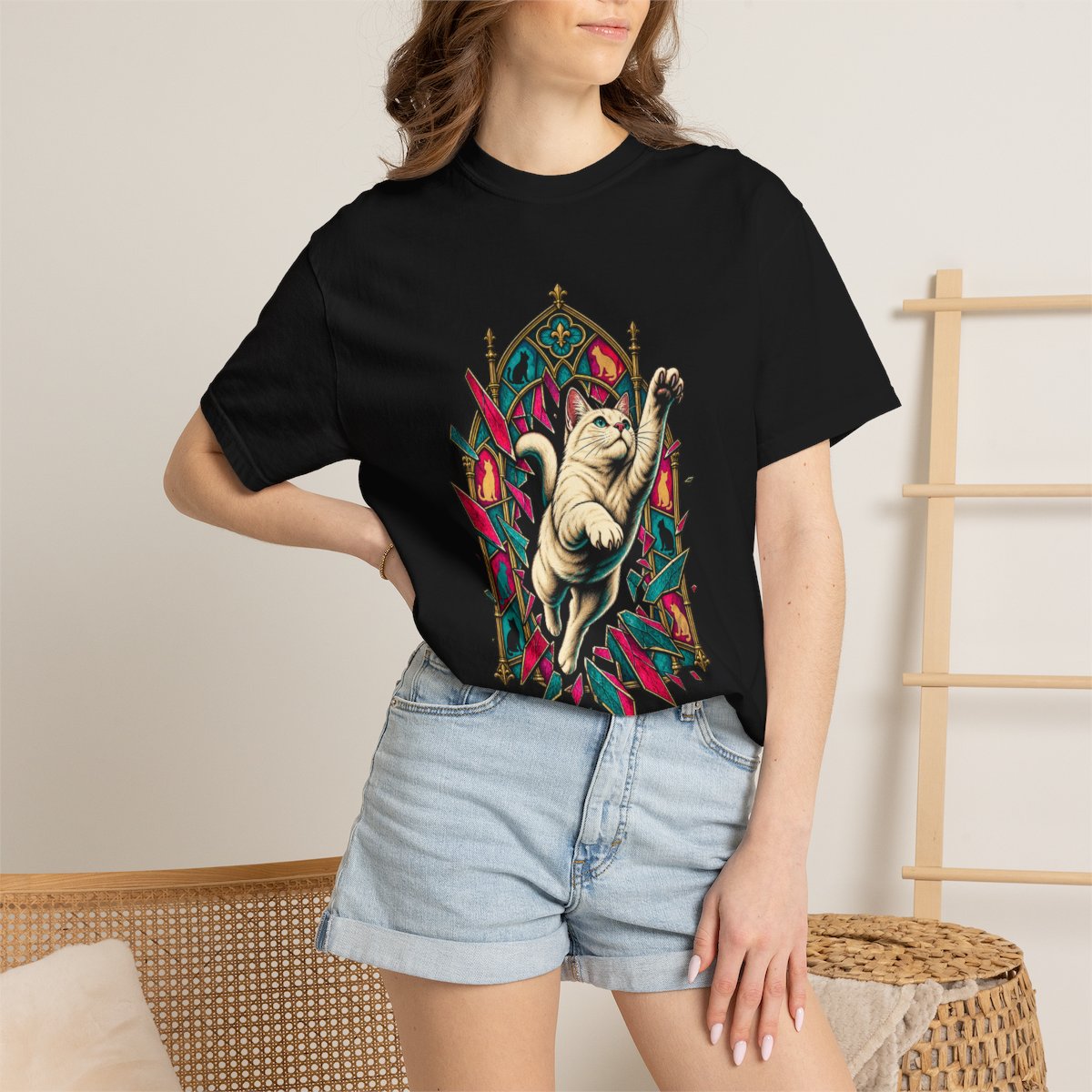 Window Jump Tee worn Printify context view on a Black Comfort Colors 1717 tee