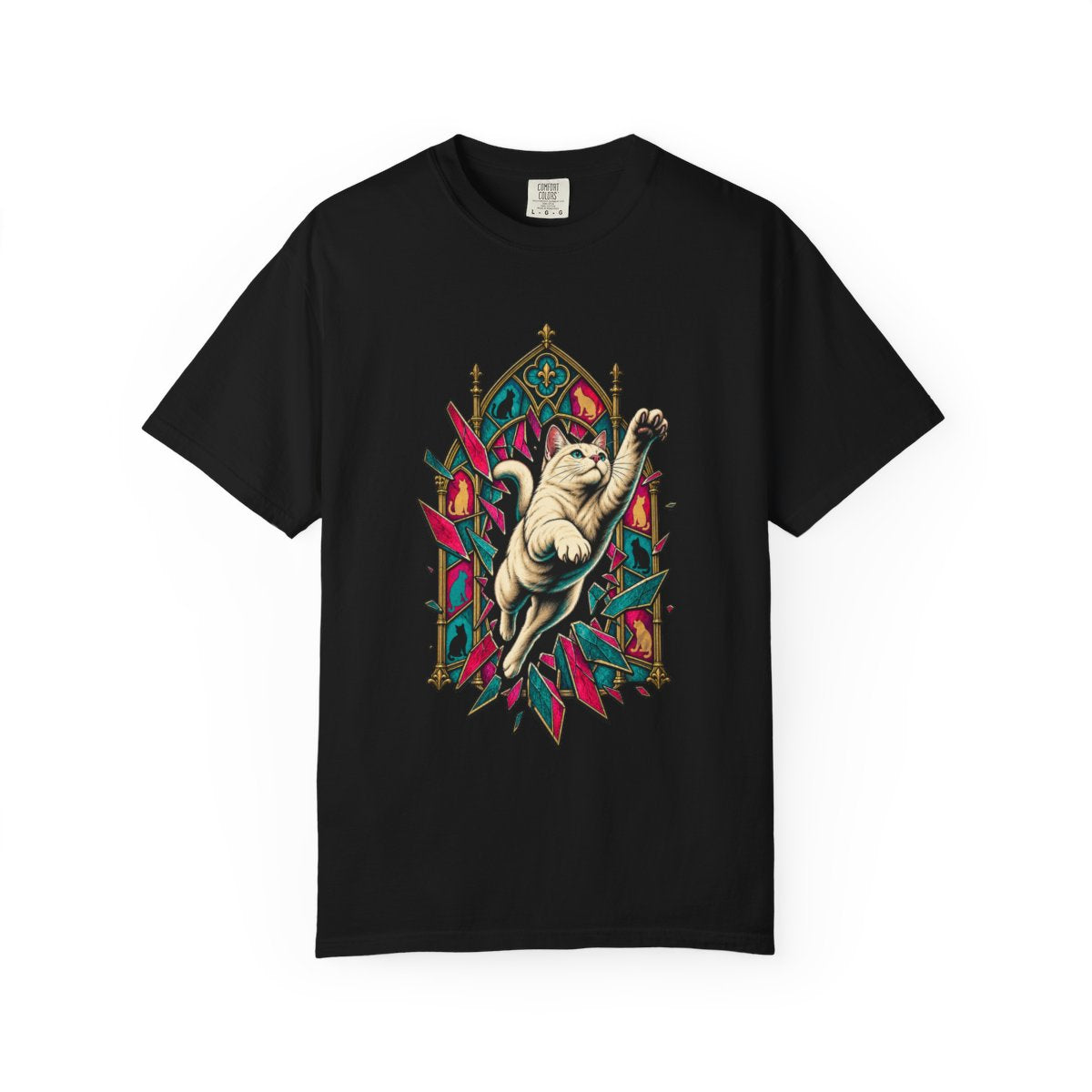 Window Jump Tee large front print on a Black Comfort Colors 1717 tee
