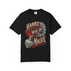 Handle With Malice Perfume Flail Front Print Tee large front print on a Black Comfort Colors 1717 tee