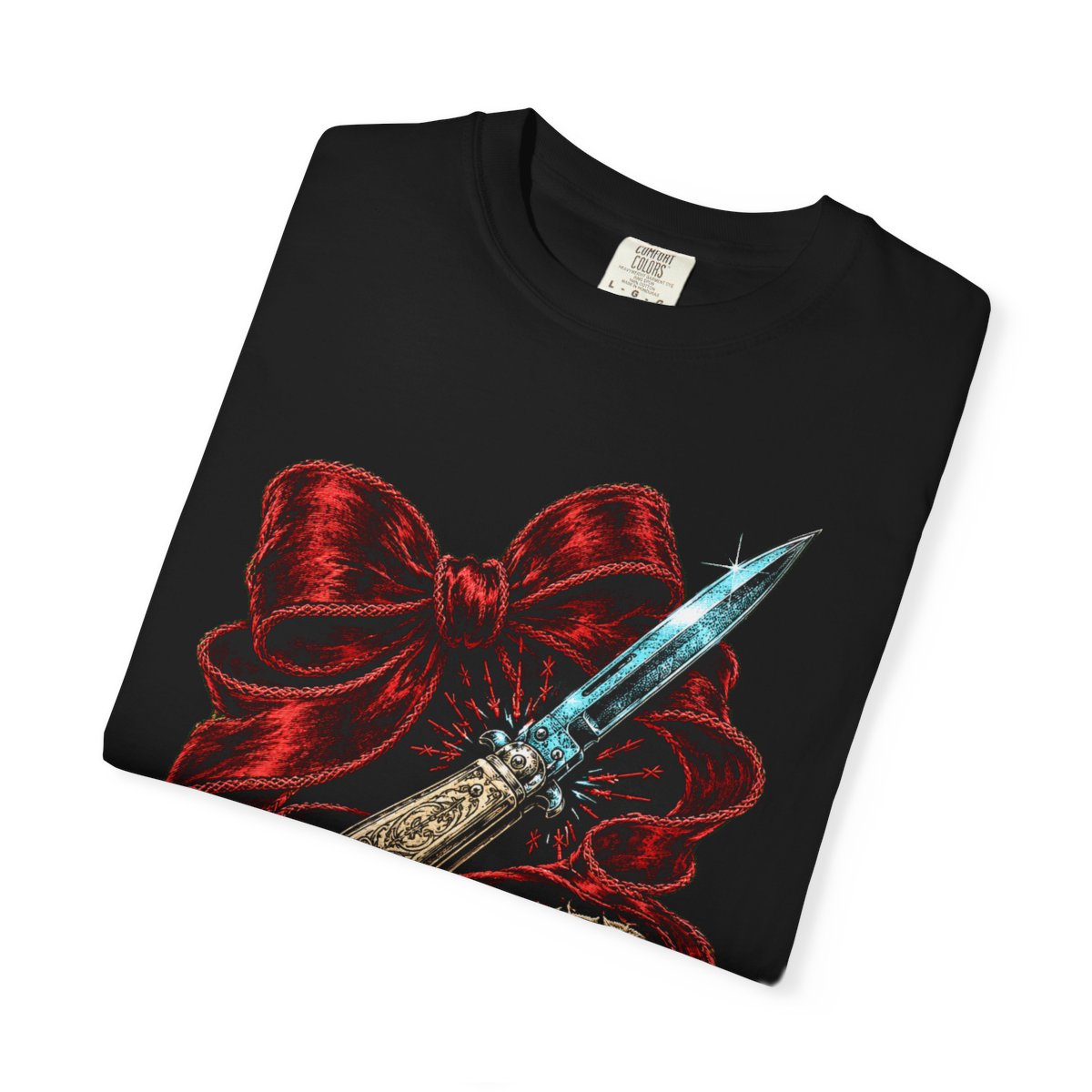 Velvet Knife Club Switchblade Bow Front Print Tee folded front print detail