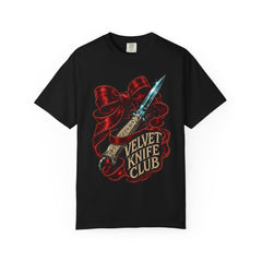 Velvet Knife Club Switchblade Bow Front Print Tee large front print on a Black Comfort Colors 1717 tee