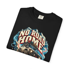 No Road Home Overland Truck Front Print Tee folded front print detail