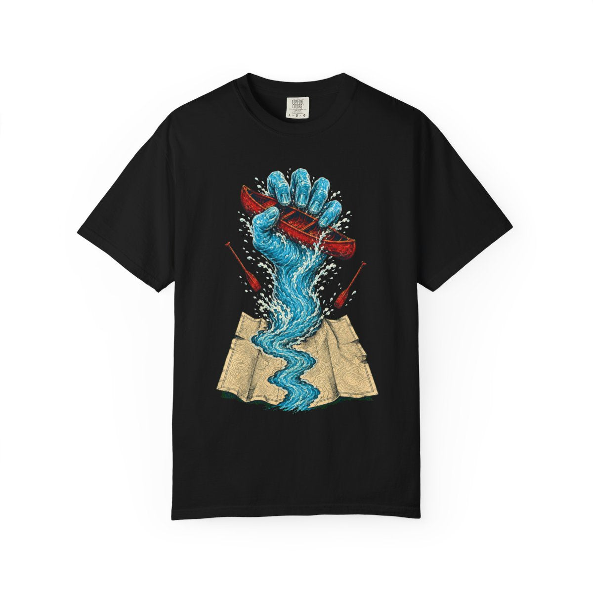 River Takes Its Toll Canoe Hand Front Print Tee large front print on a Black Comfort Colors 1717 tee