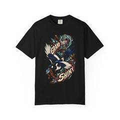 Grand Theft Shiny Magpie Heist Front Print Tee large front print on a Black Comfort Colors 1717 tee