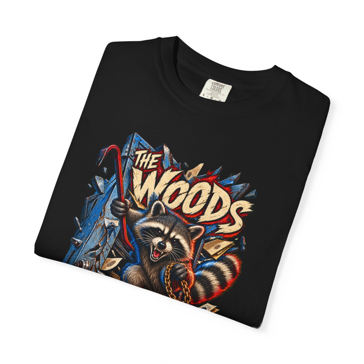 The Woods Have a Record Raccoon Heist Front Print Tee folded front print detail