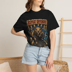 Repeat Offender Beaver Breakout Front Print Tee worn Printify context view on a Black Comfort Colors 1717 tee