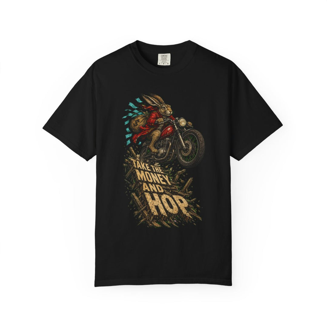 Take the Money and Hop Hare Getaway Front Print Tee