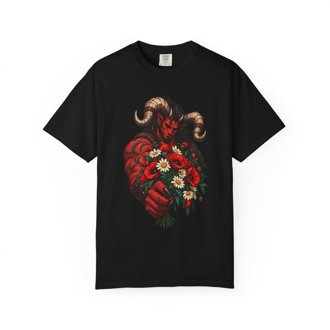 Horned Demon Offering Flowers Front Print Tee