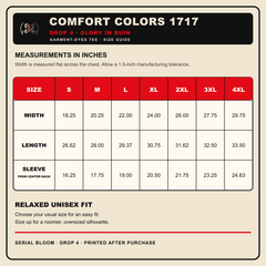 Drop 4 Glory in Ruin Comfort Colors 1717 size guide with Black tee measurements from S through 4XL.