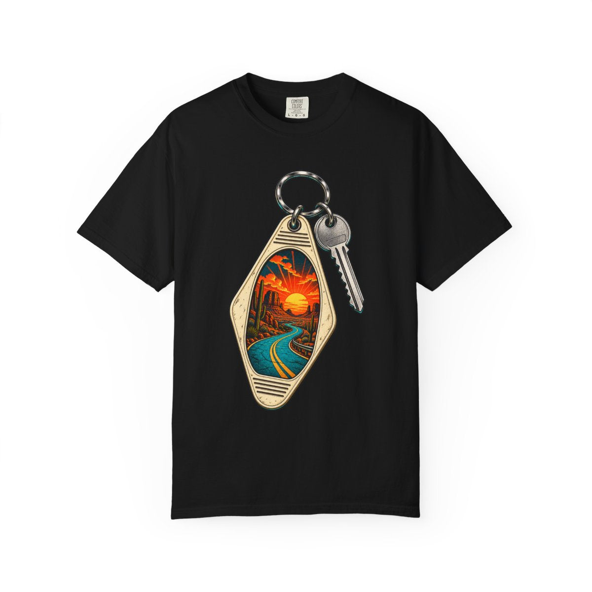 Motel Key Desert Portal Front Print Tee large front print on a Black Comfort Colors 1717 tee