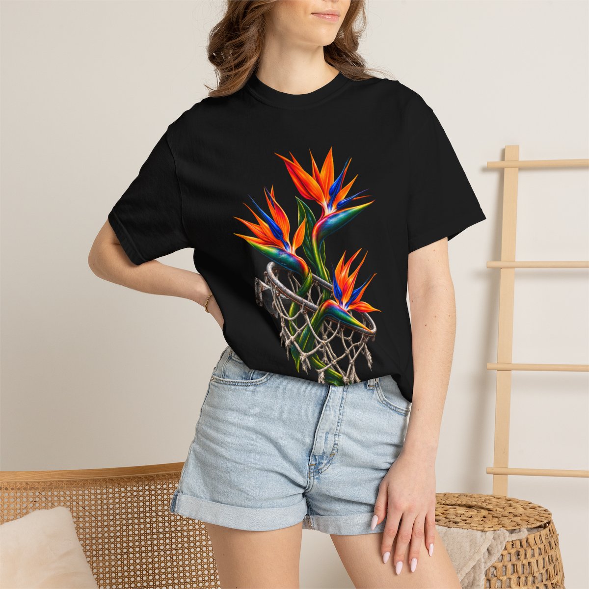 Bird of Paradise Basketball Hoop Front Print Tee worn Printify context view on a Black Comfort Colors 1717 tee